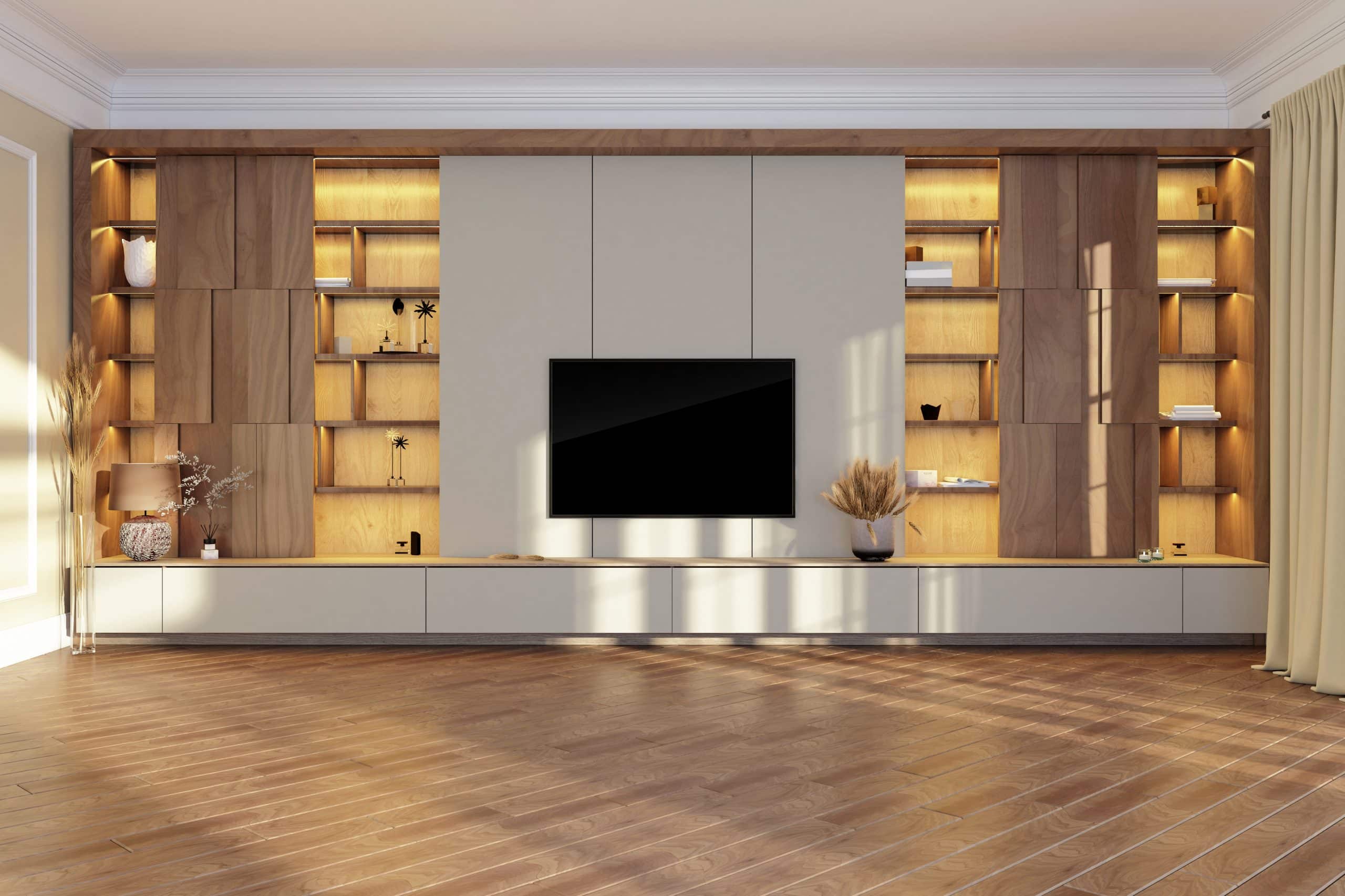 TV unit in living room interior with black TV on the wall. Illuminated shelves. 3d render